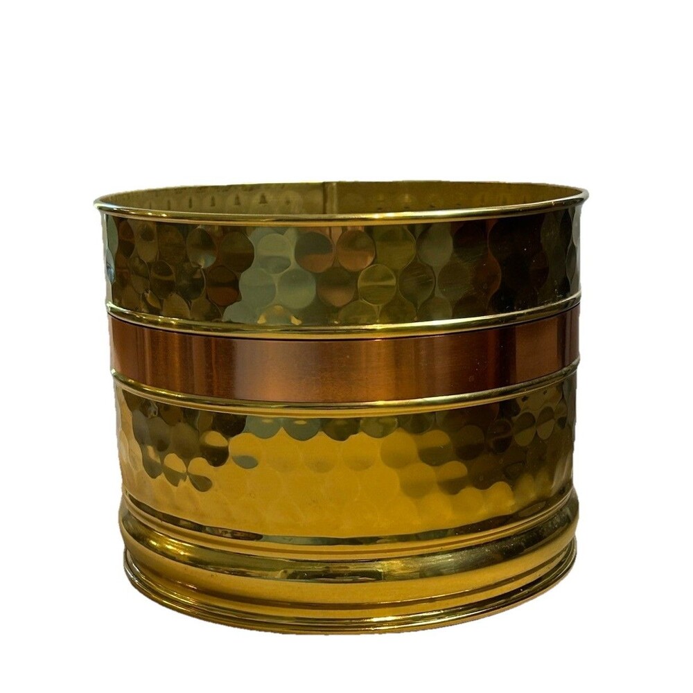 Vintage Two Tone Hammered Brass & Copper Planter Cachepot 6 3/8” W x 5” H USA